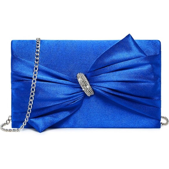 Women Royal Blue Elegant Satin Bow Flap Evening Bag For Wedding And Party - Picture 1 of 6